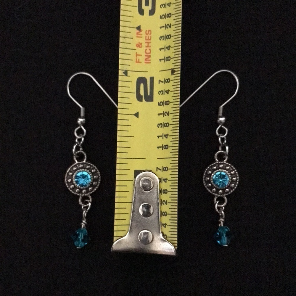 HANDCRAFTED EARRINGS—FISHHOOK DANGLES—Turquoise Colored Glass/Antique Silvertone - Picture 12 of 12